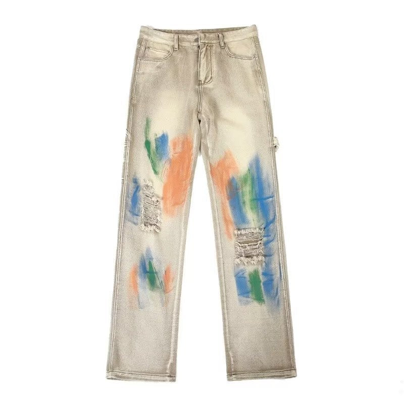 Men Jeans Hiphop Tie-Dyed Ripped Jeans Graffiti Tooling Straight Wide-Leg Pants