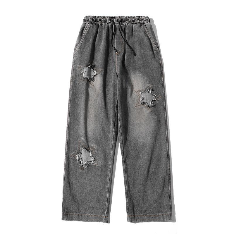 Men Jeans Five-Pointed Star Summer Washed-out Vintage Wide Leg Denim Trousers