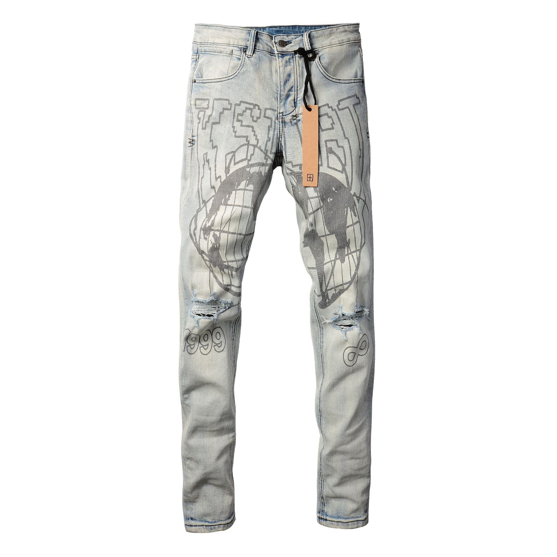 KSUBI Jeans Slim Fit Casual Stretch Ripped Jeans