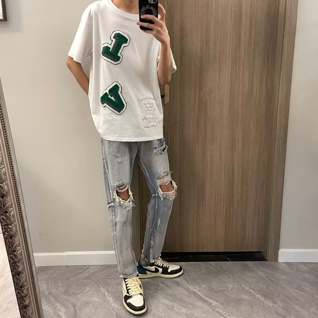 Men Jeans Ripped Jeans Men's Summer Retro Slim-Fit Straight Trousers