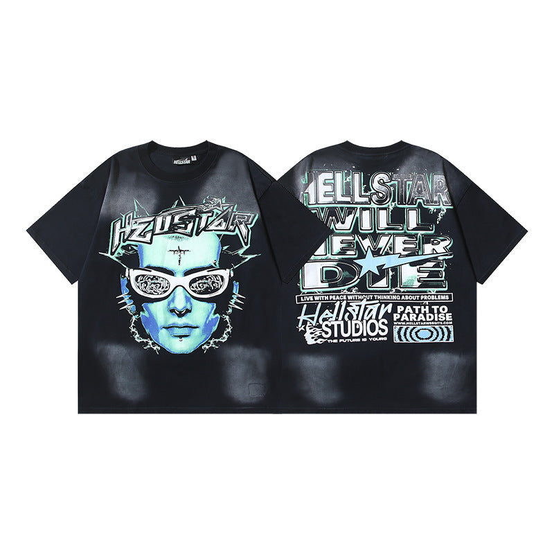 HELLSTAR 2025 American Streetwear Heavyweight Washed Vintage Oversized Short Sleeve T-Shirt