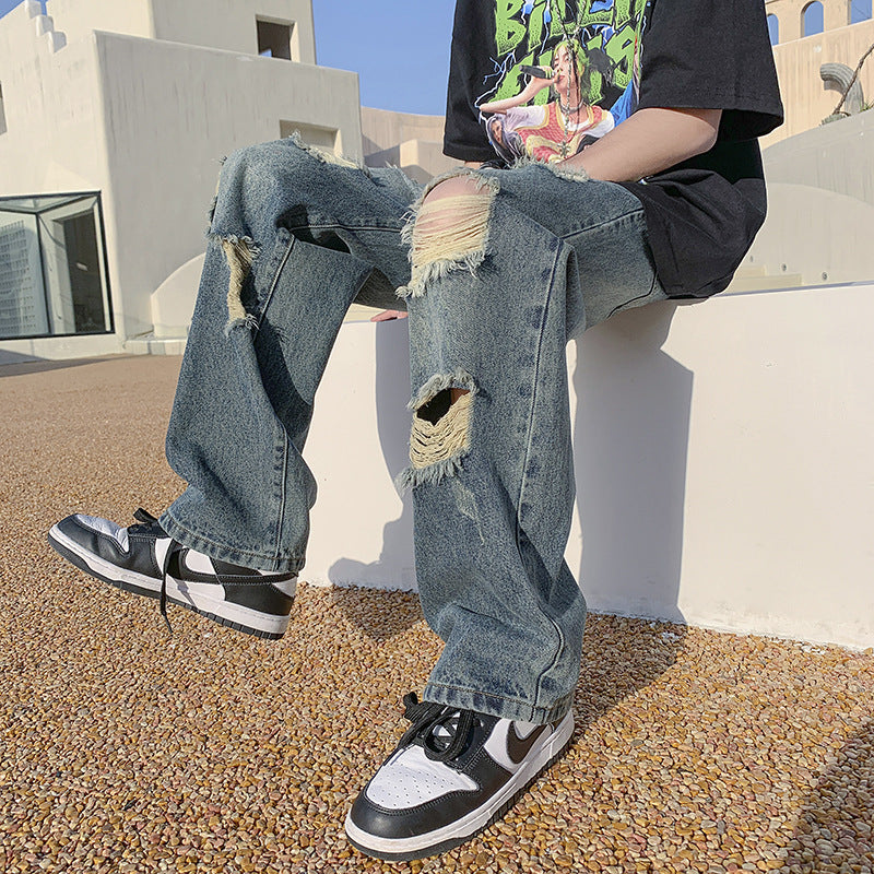 Men Jeans Ripped Jeans Loose Retro Straight-Leg Wide-Leg Pants
