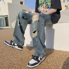 Men Jeans Ripped Jeans Loose Retro Straight-Leg Wide-Leg Pants