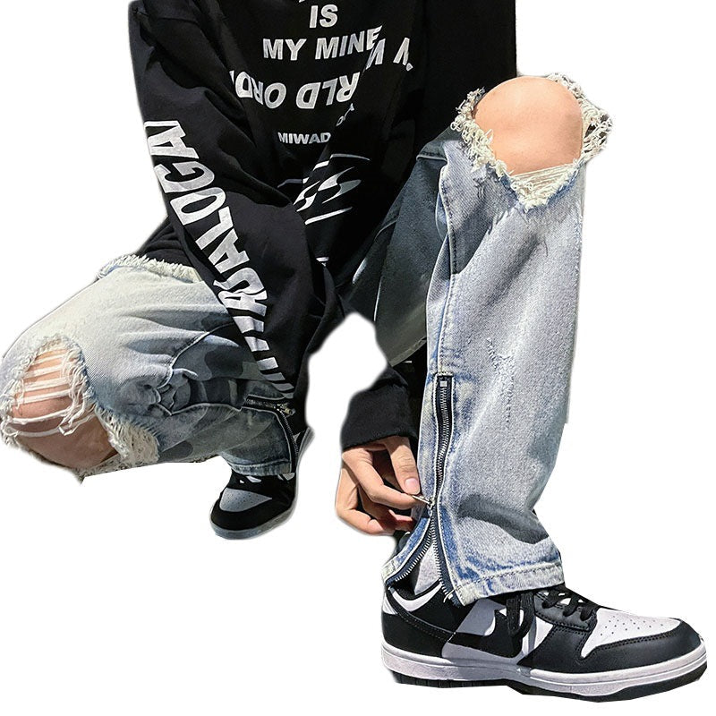 Men Jeans Ripped Jeans Men's Summer Straight Casual Wide-Leg Trousers