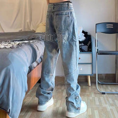 Men Jeans Embroidered Breasted Casual Trousers Loose Hip Hop Jeans