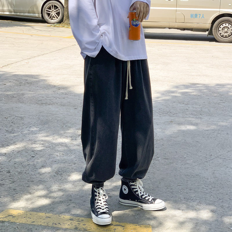 Men Jeans Fleece Addition Denim Trousers Men's Spring and Autumn Loose Wide-Leg Pants