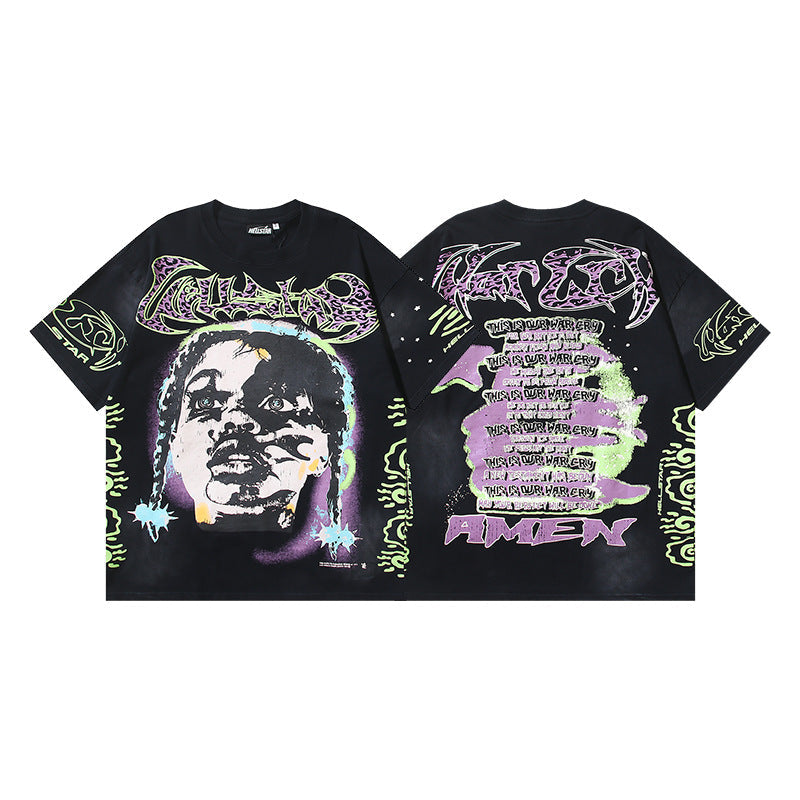 Vintage Washed Graphic Tee – Oversized Unisex Short Sleeve T-Shirt (Washed Black & Blue Series)
