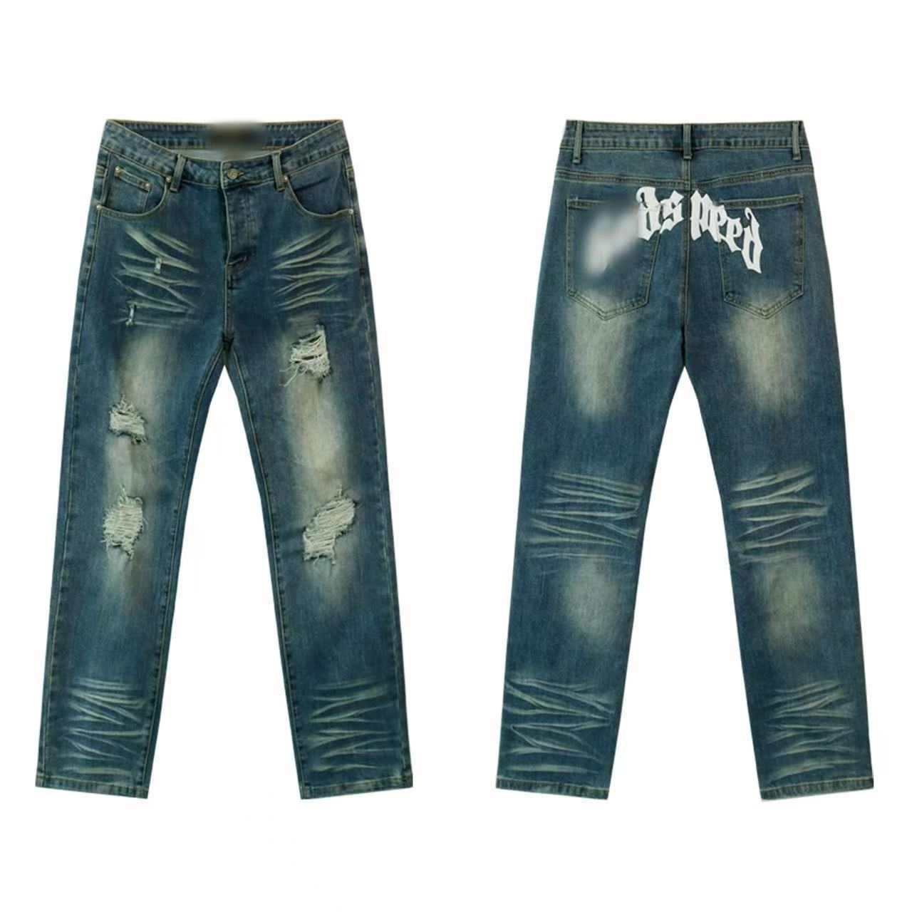 Vintage Distressed Embroidered Straight-Leg Jeans