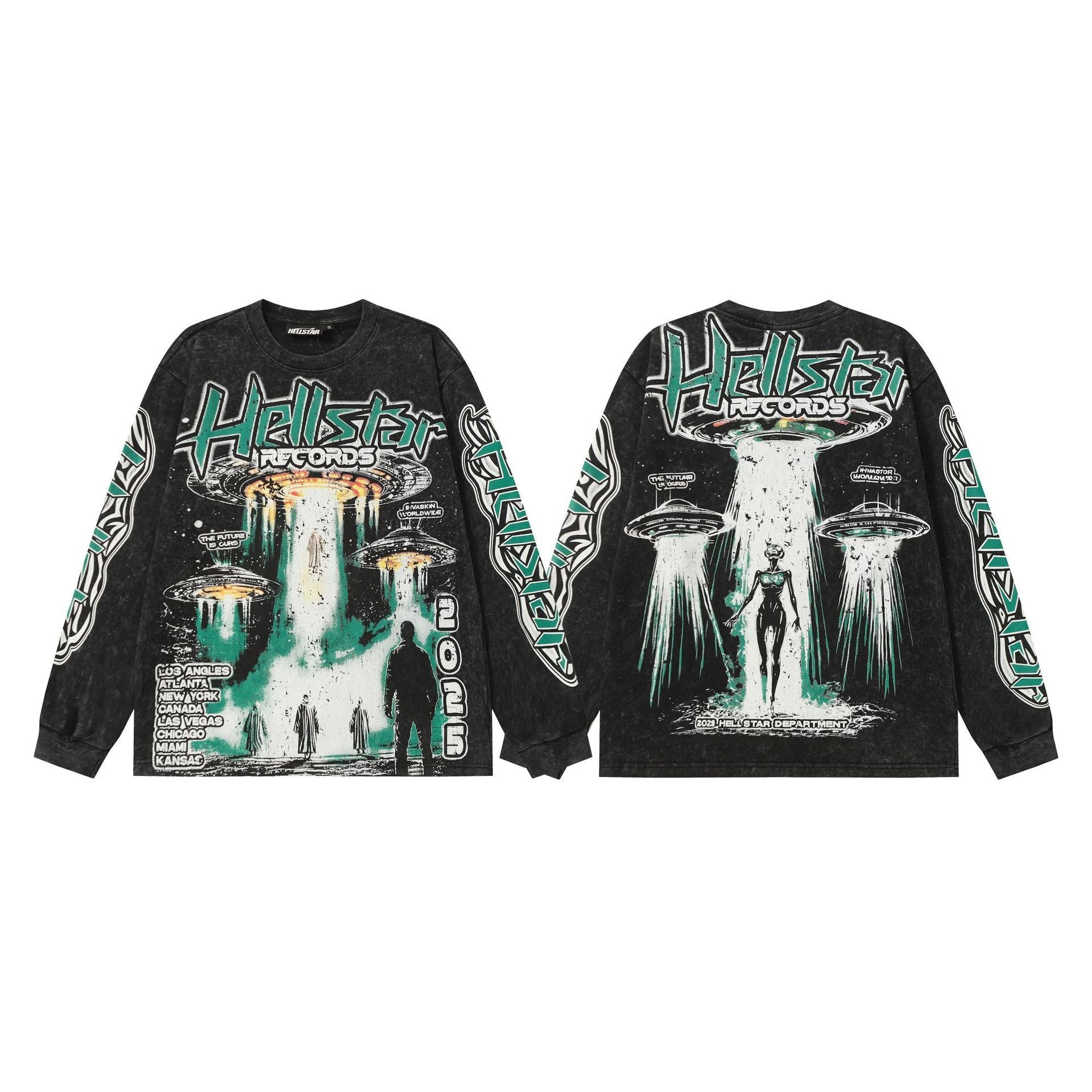 Hellstar Skull & Lightning Print Acid Wash Vintage Long Sleeve Hoodie