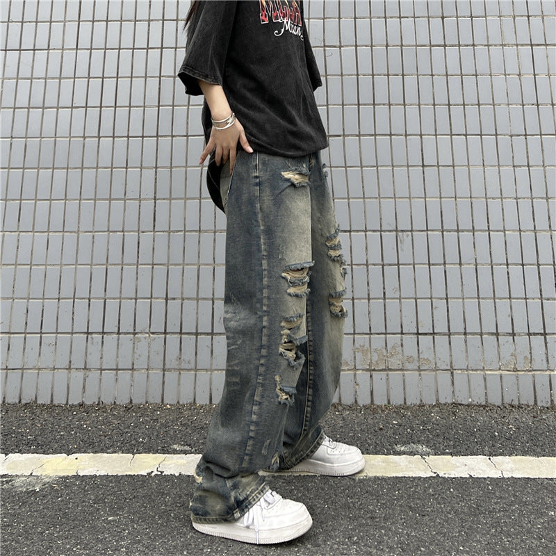 Men Jeans Retro Washed Distressed Ripped Jeans