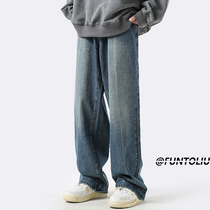 Men Jeans Loose Straight Casual Trousers Ancient Washed Distressed Wide-Leg Pants