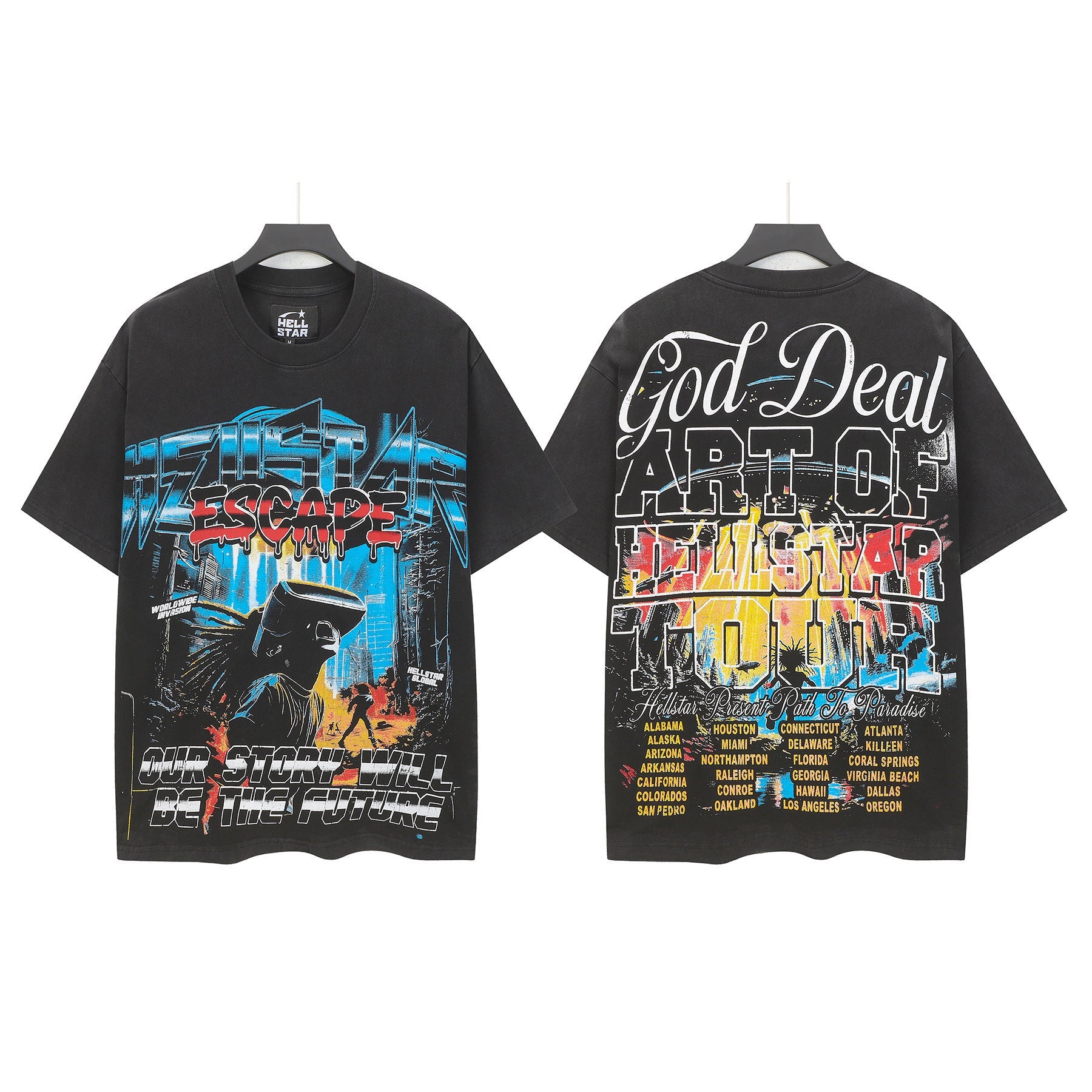 Hell Star Heel Washed Vintage American Print Short Sleeve T-Shirt