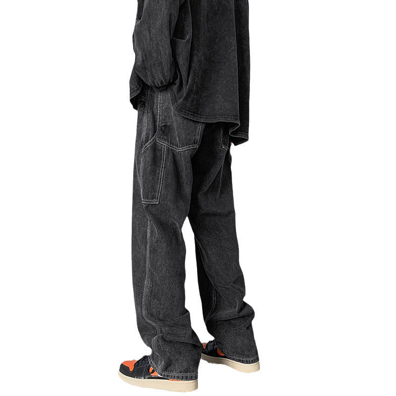 Men Jeans Vintage Hiphop Jeans Loose Straight Cargo Trousers Spring-Autumn Wide-Leg Pants