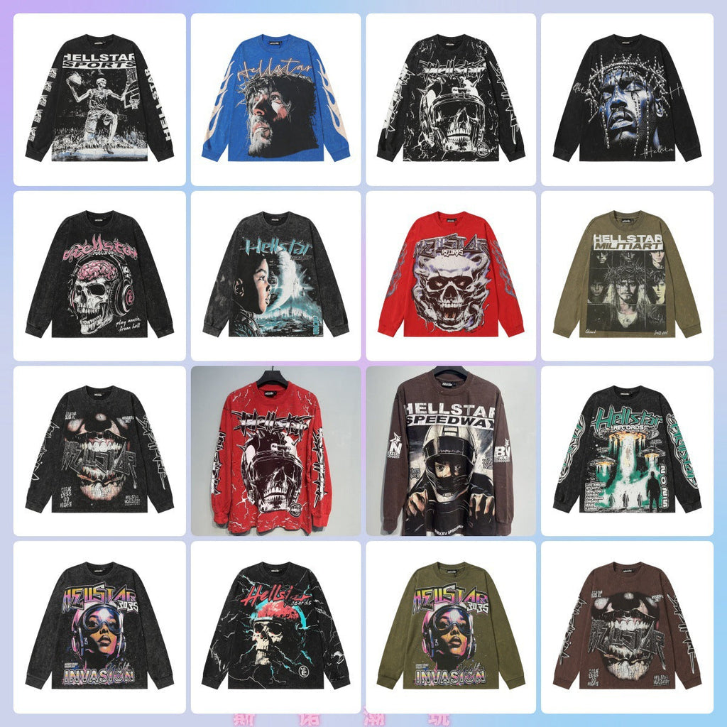 Hellstar Skull & Lightning Print Acid Wash Vintage Long Sleeve Hoodie