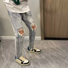 Men Jeans Ripped Jeans Men's Summer Retro Slim-Fit Straight Trousers