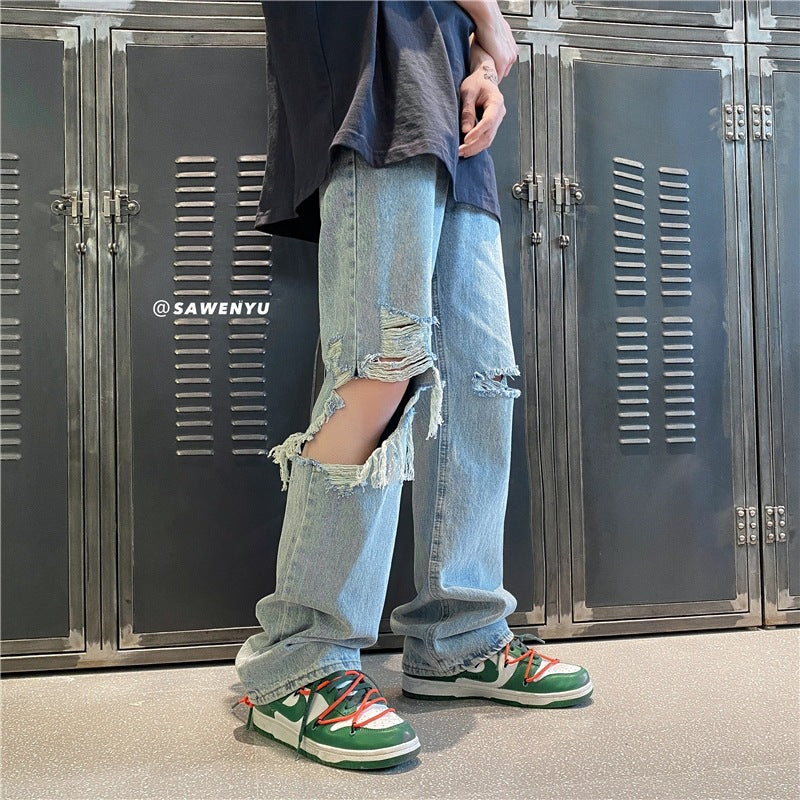 Men Jeans Ripped Jeans Washed Loose Wide Leg