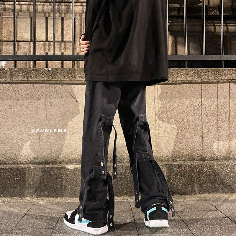 Men Jeans Spring and Autumn Straight Loose Hiphop Bandage Vibe Jeans