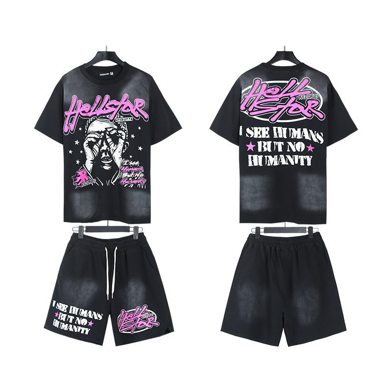 Hellstar Acid-Washed Graphic Tee & Shorts Set