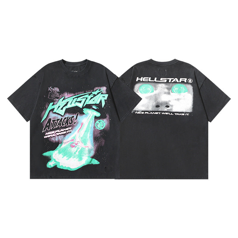 Vintage Washed Graphic Tee – Oversized Unisex Short Sleeve T-Shirt (Washed Black & Blue Series)