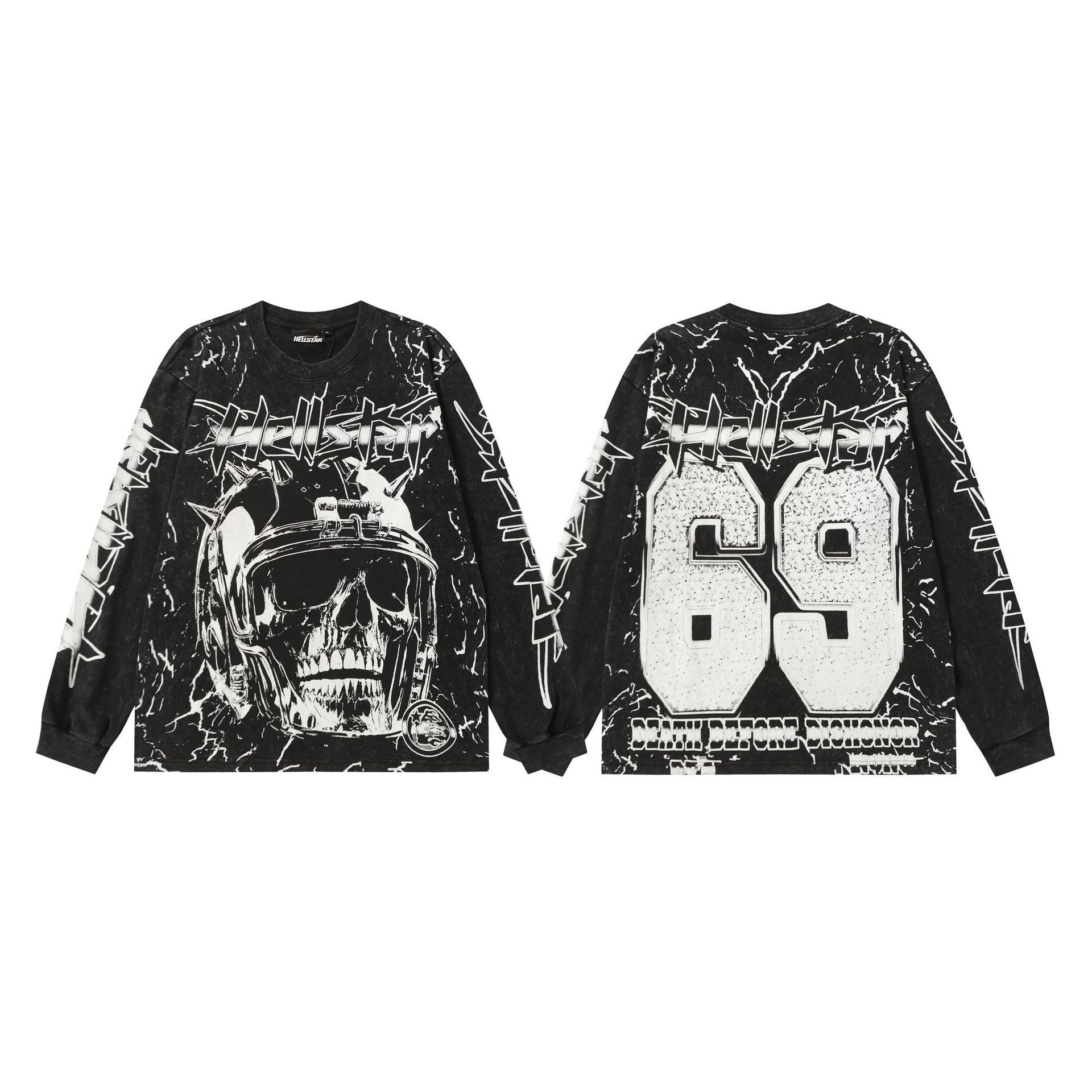 Hellstar Skull & Lightning Print Acid Wash Vintage Long Sleeve Hoodie