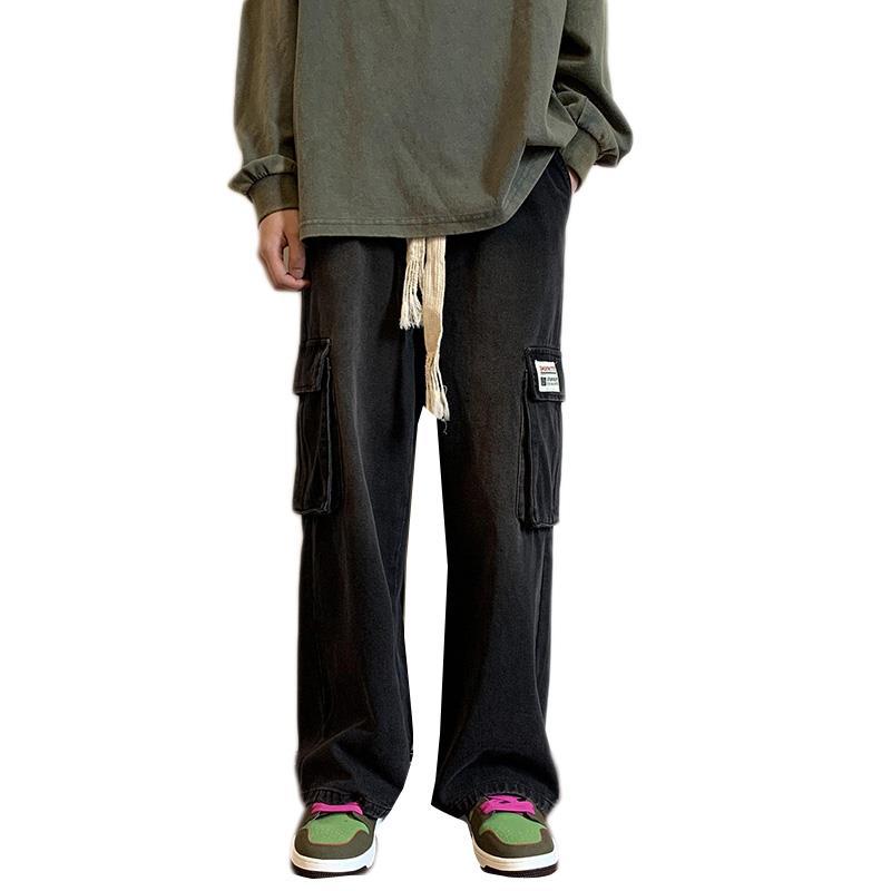 Men Jeans Washed-out Vintage Multi-Pocket Straight Loose Casual Wide-Leg Trousers