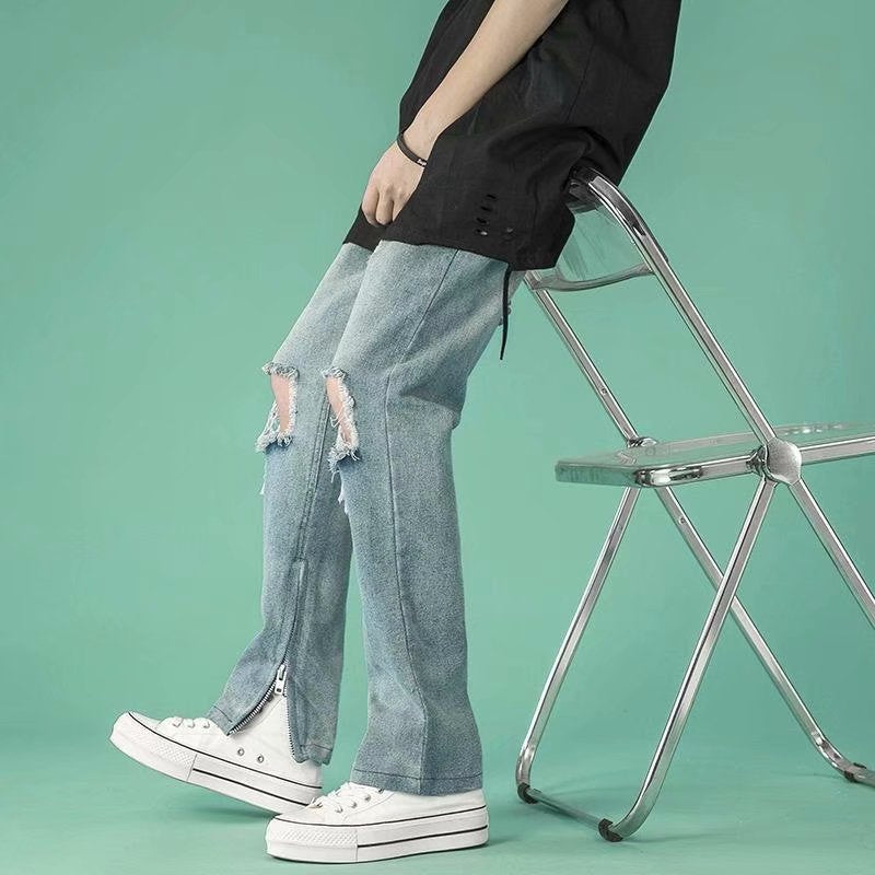 Men Jeans Ripped Jeans Men's Summer Hip Hop Zipper Pants