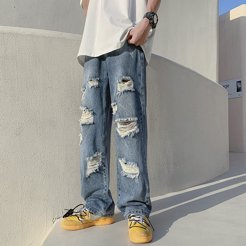 Men Jeans Ripped Jeans Loose Retro Straight-Leg Wide-Leg Pants