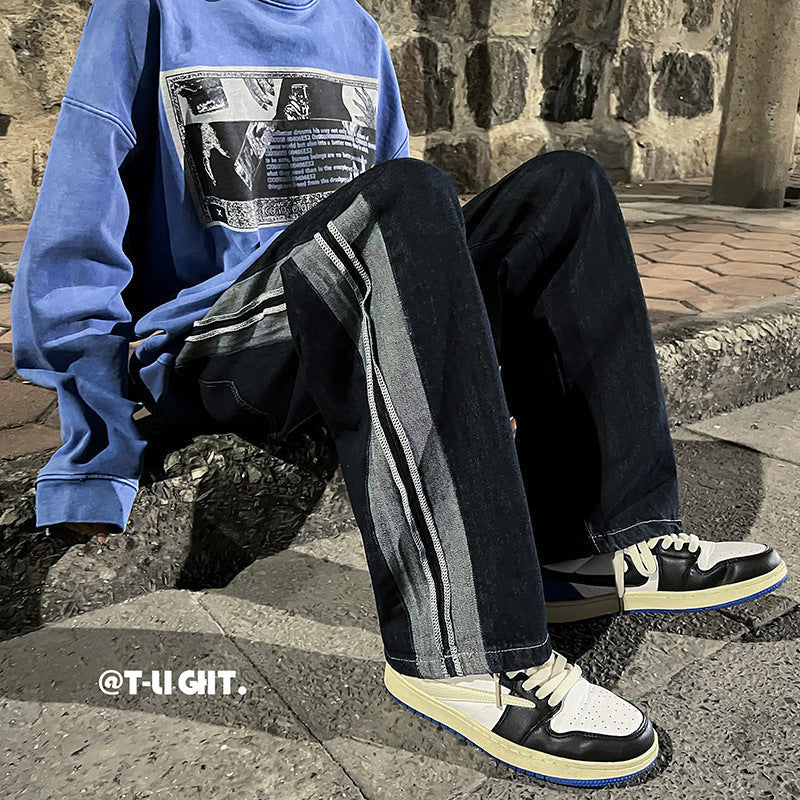 Men Jeans Distressed Straight Wide Leg Jeans Men Autumn Loose Casual Trousers