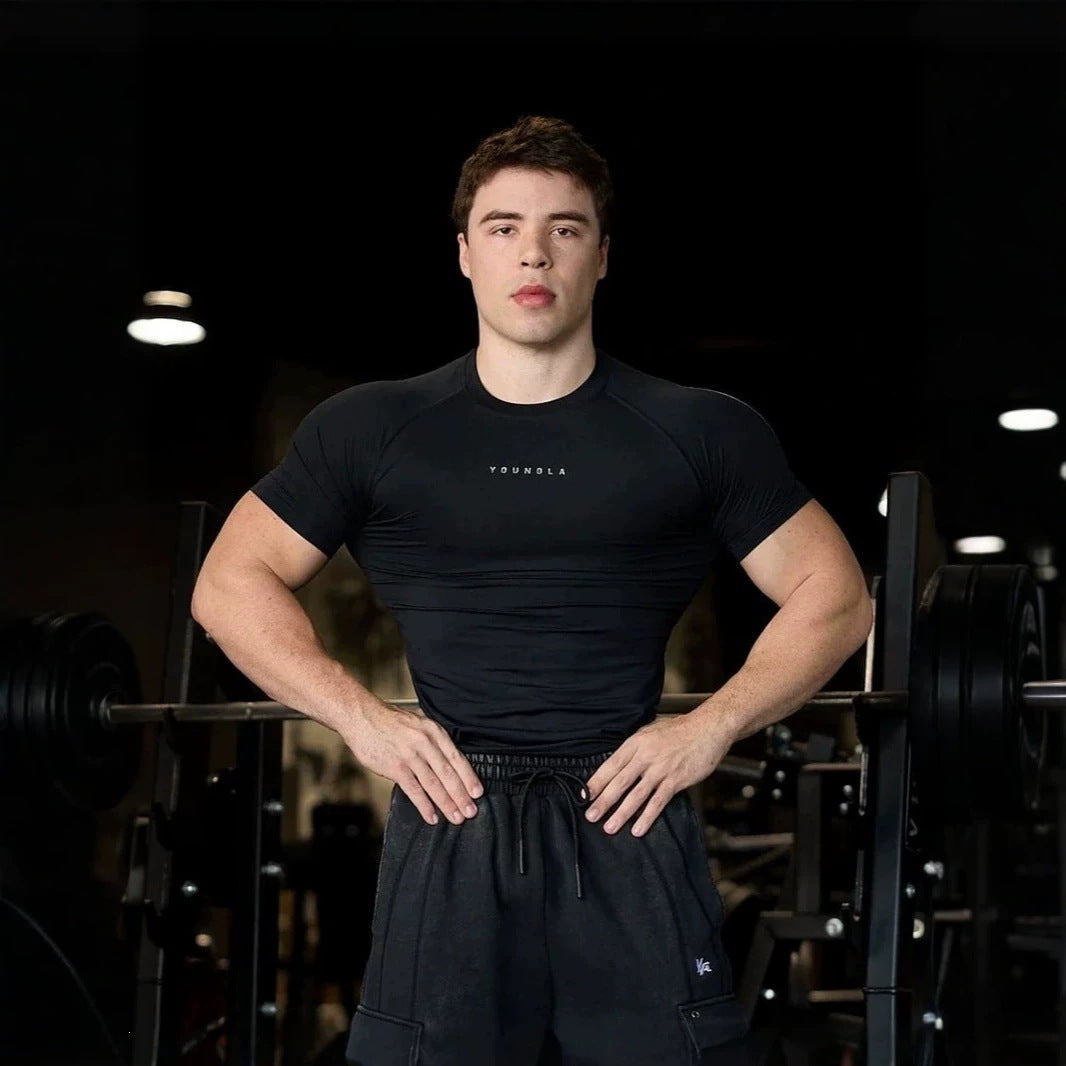 YOUNGLA Men's Compression Training Tee – High-Stretch Short Sleeve Gym Shirt