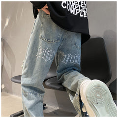 Men Jeans Ripped Jeans Men's Summer Letter Embroidery Slit Loose Straight Casual Trousers