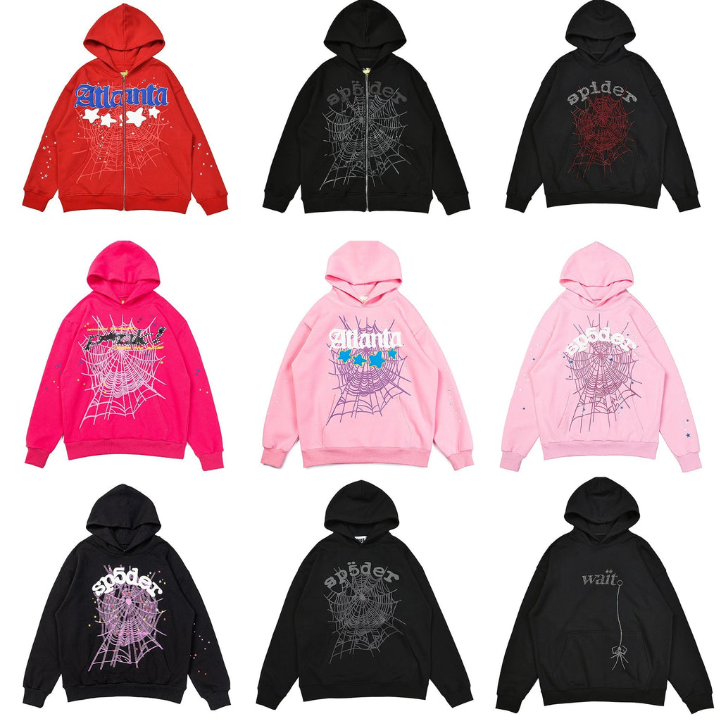 25ss High Quality SP5DER American Streetwear Rhinestone Foam Letter Spider Web Hoodie (Unisex)