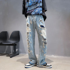 Men Jeans Ripped Jeans Men's Summer Straight-Leg Pants Loose Wide Leg Pants