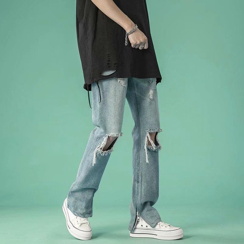 Men Jeans Ripped Jeans Men's Summer Hip Hop Zipper Pants