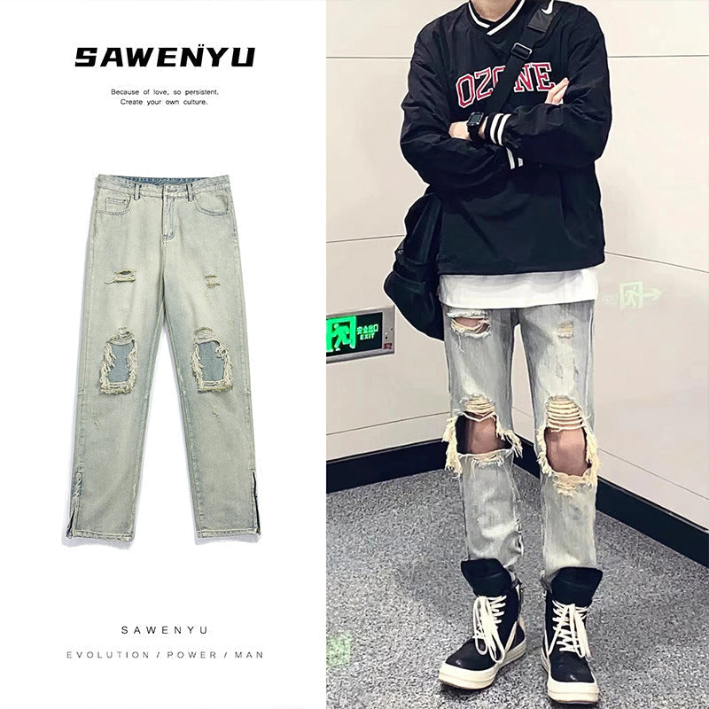Men Jeans Ripped Jeans Men's Summer Vintage Distressed Loose Casual Wide-Leg Trousers