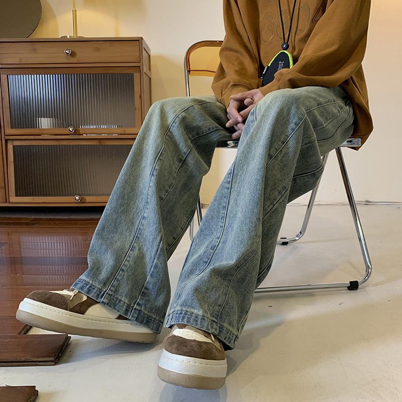 Men Jeans Washed-out Vintage Jeans Autumn Hiphop Loose-Fitting Wide-Leg Trousers
