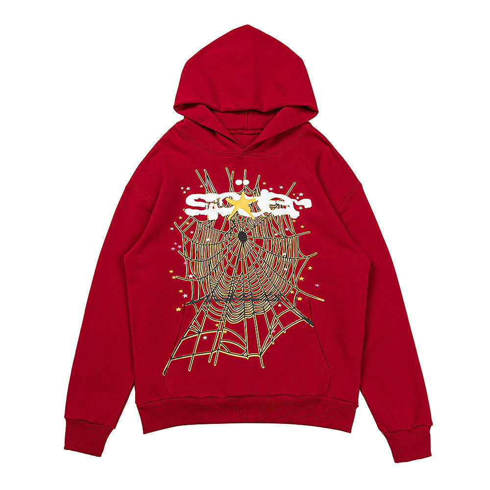 25ss High Quality SP5DER American Streetwear Rhinestone Foam Letter Spider Web Hoodie (Unisex)