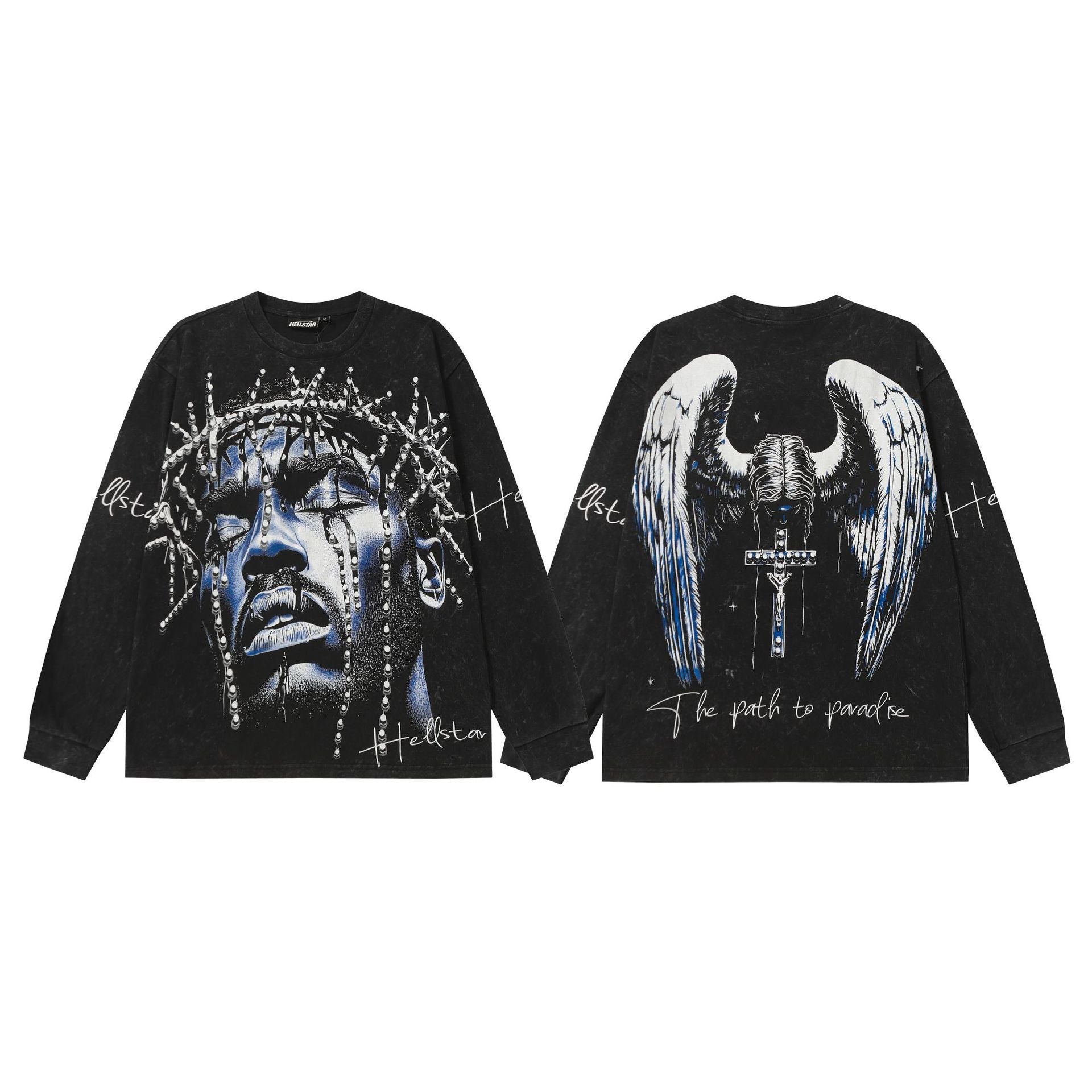 Hellstar Skull & Lightning Print Acid Wash Vintage Long Sleeve Hoodie