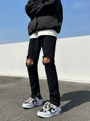 Men Jeans Black Ripped Zipper Jeans Summer Straight-Leg Trousers