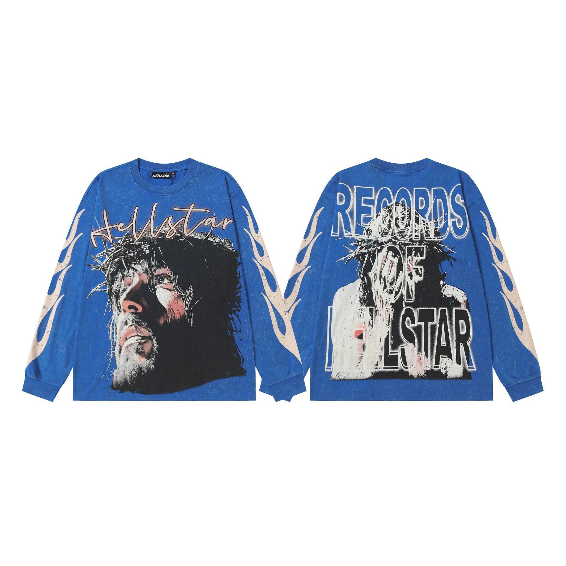 Hellstar Skull & Lightning Print Acid Wash Vintage Long Sleeve Hoodie