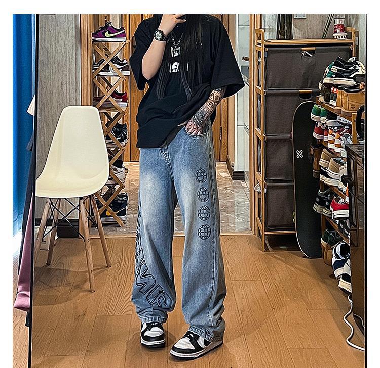 Men Jeans Vintage Jeans Spring and Autumn Distressed Baggy Straight Trousers