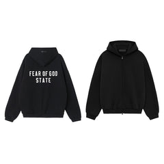 FOG Essentials Letter Embroidered Fleece Zip-Up Hoodie – 2024FW Unisex American Streetwear