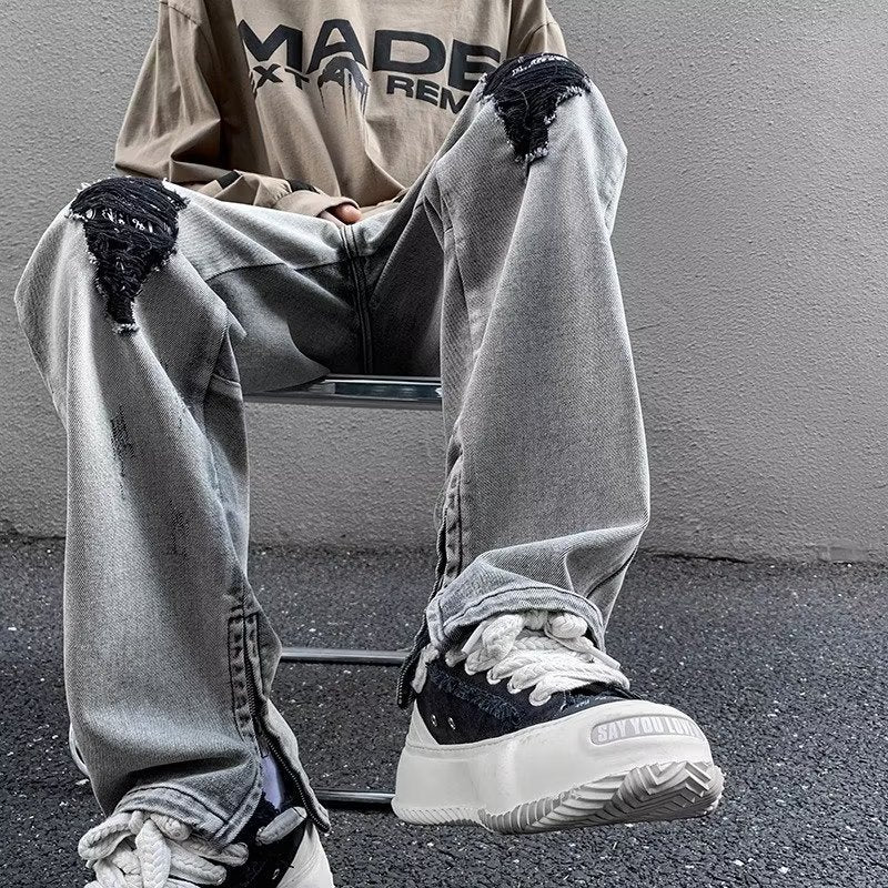 Men Jeans Gray Broken Hole Jeans Public Zipper Split Bootcut Trousers