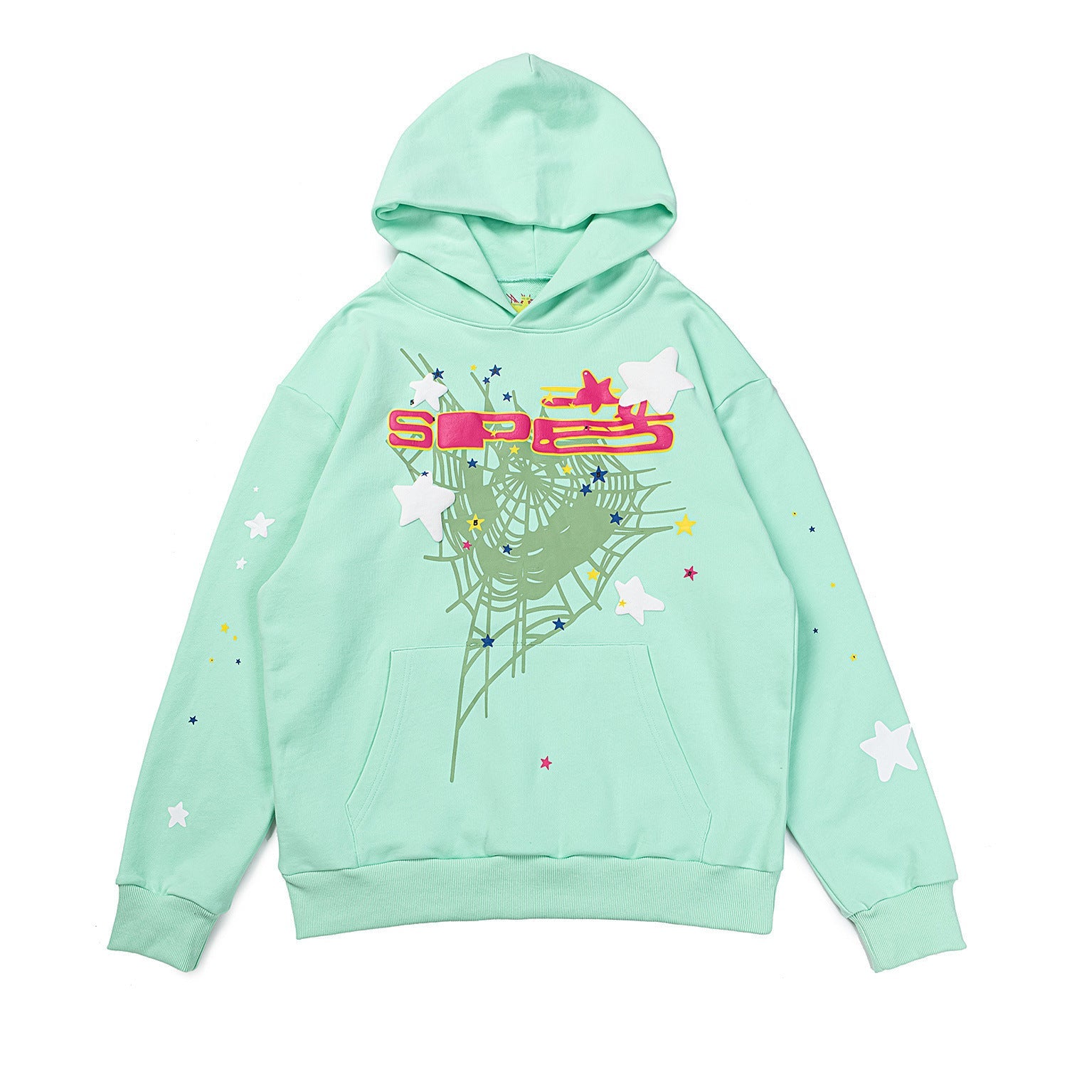 25ss High Quality SP5DER American Streetwear Rhinestone Foam Letter Spider Web Hoodie (Unisex)