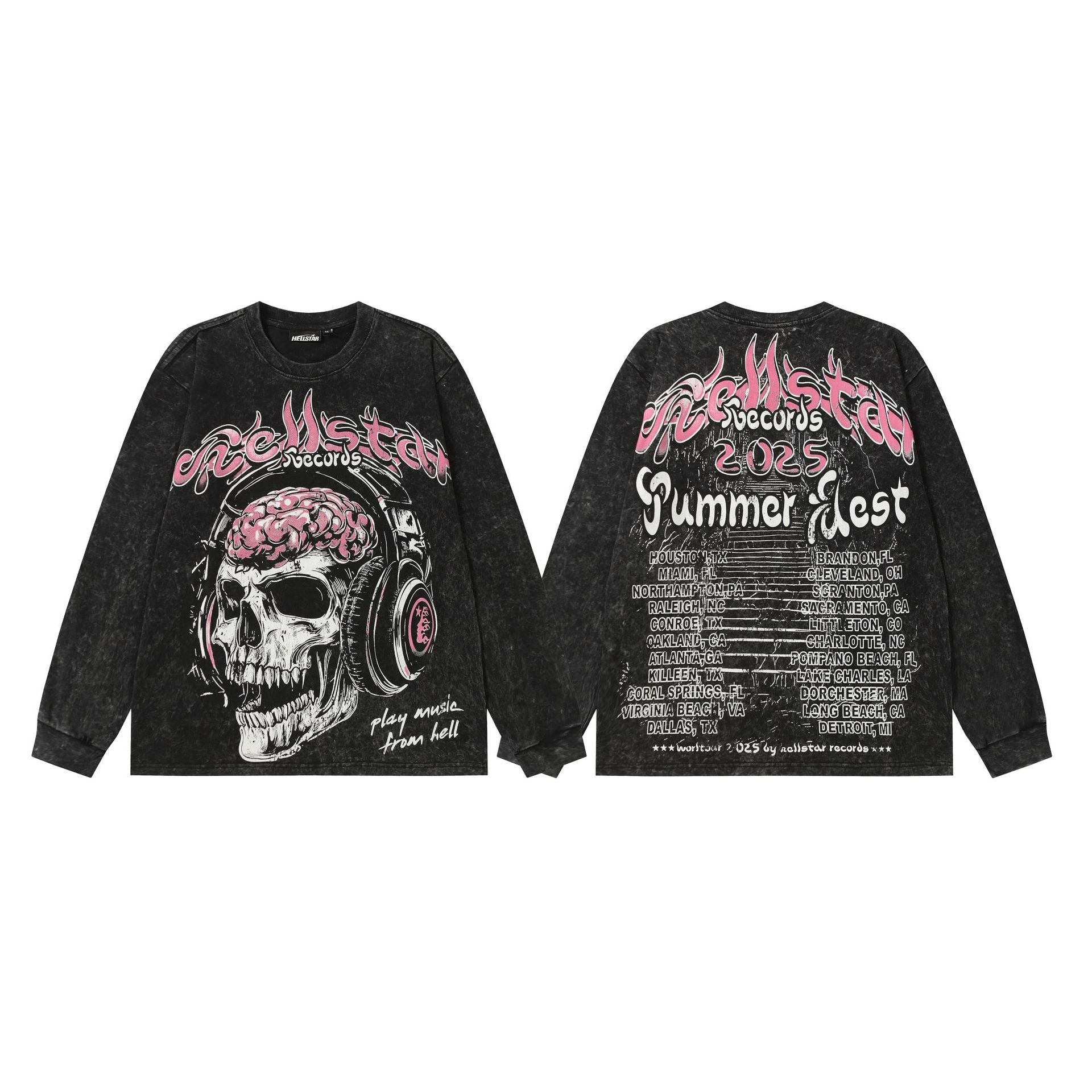 Hellstar Skull & Lightning Print Acid Wash Vintage Long Sleeve Hoodie