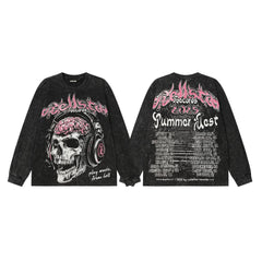 Hellstar Skull & Lightning Print Acid Wash Vintage Long Sleeve Hoodie