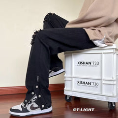 Men Jeans Black Ripped Jeans Spring and Autumn Zipper Straight-Leg Pants