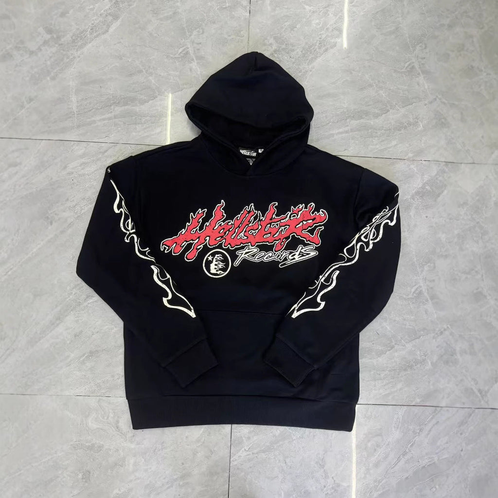 HELLSTAR 2025 Fall/Winter Flame & Star Graphic Fleece Hoodie & Sweatpants Set