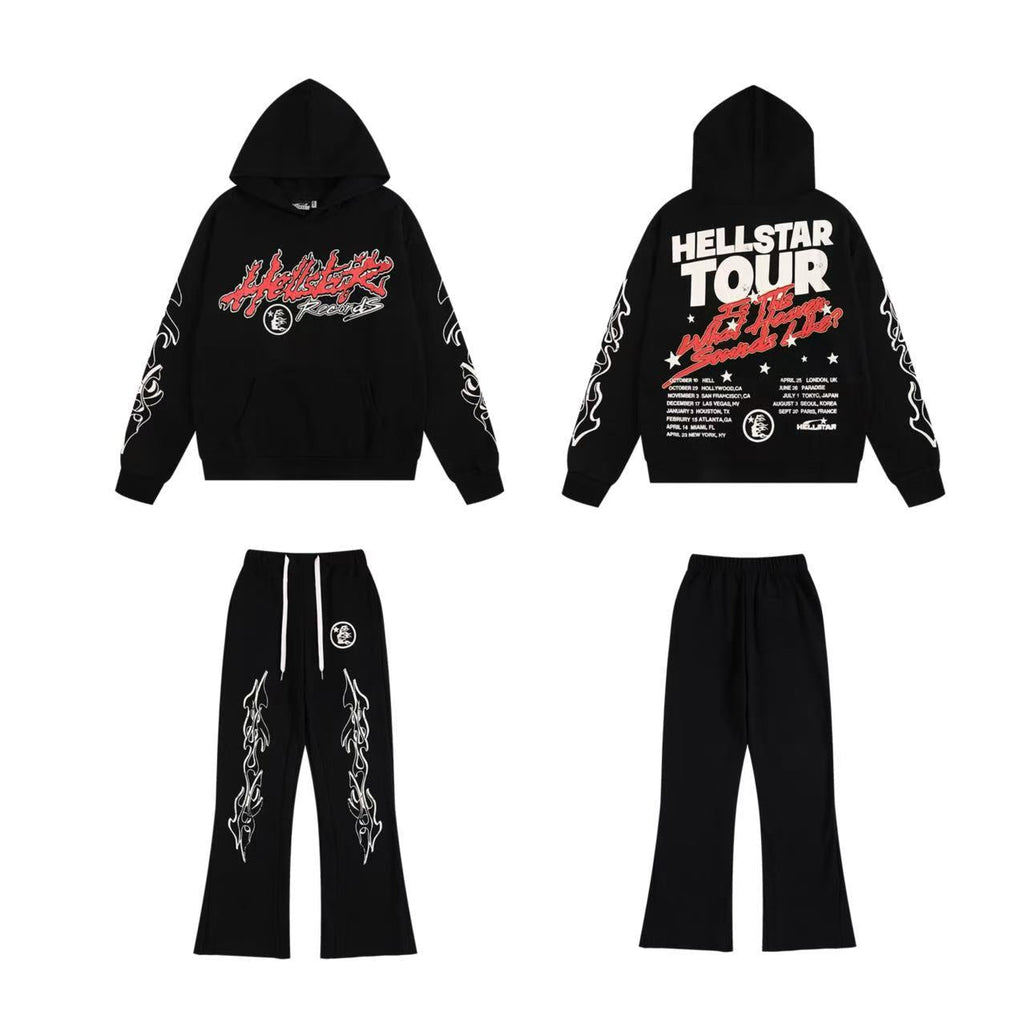 HELLSTAR 2025 Fall/Winter Flame & Star Graphic Fleece Hoodie & Sweatpants Set