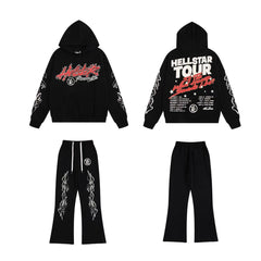 HELLSTAR 2025 Fall/Winter Flame & Star Graphic Fleece Hoodie & Sweatpants Set