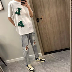 Men Jeans Ripped Jeans Men's Summer Vintage Distressed Zipper Trousers